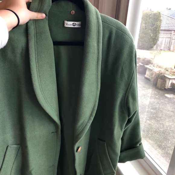 Vintage wool Pea coat green with fur collar - Picture 6 of 10